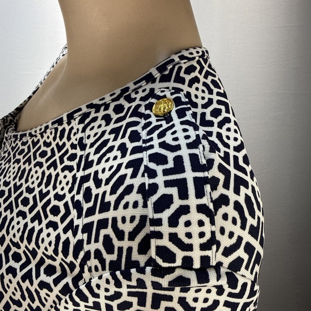 Tory Burch Geometric Print Jersey Henley Top Shirt Size L Gold Logo Buttons - Picture 5 of 9